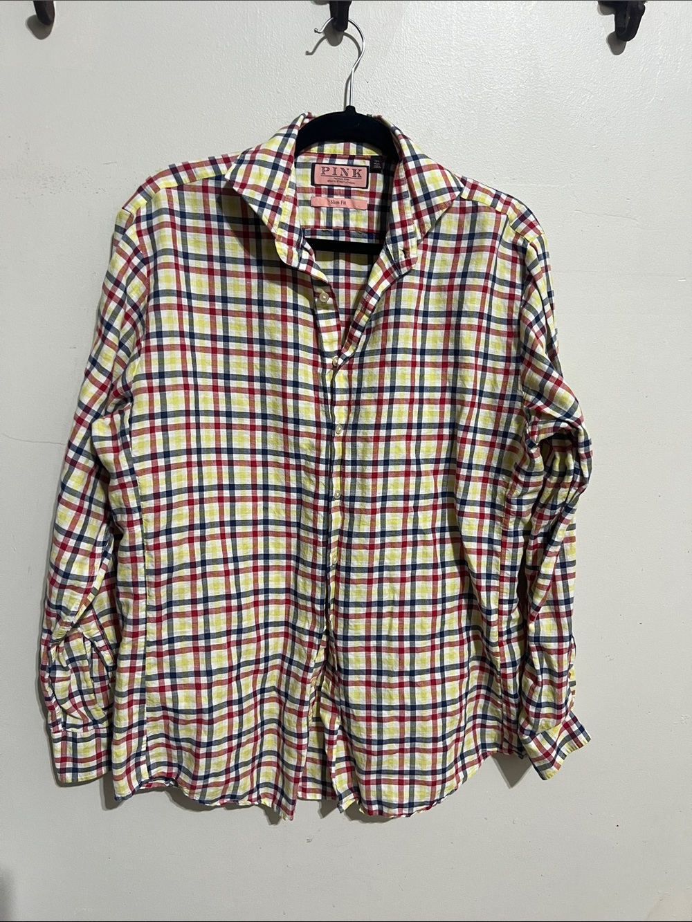 Thomas Pink Yellow Red Blue Plaid Check Linen Button Up Shirt Long Sleeve M Slim